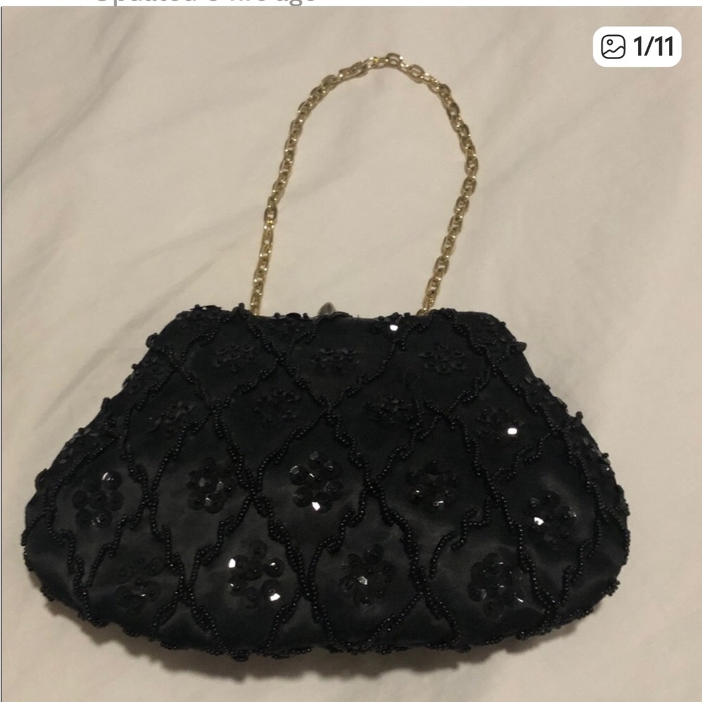 Vintage Black Beaded Evening Bag with Gold Chain with bonus Vera scarf